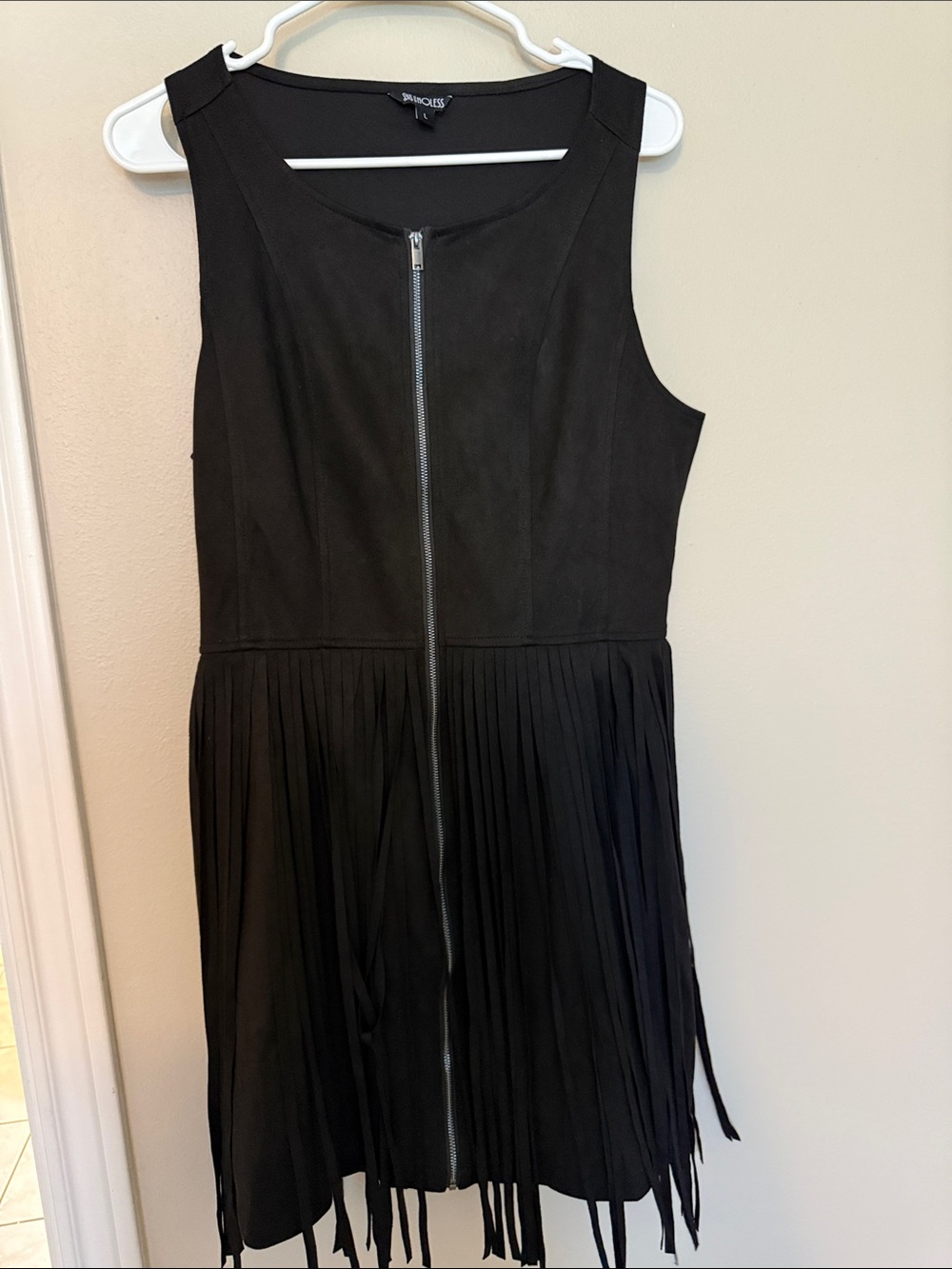 Black Sleeveless Fringe Zip-Front Dress